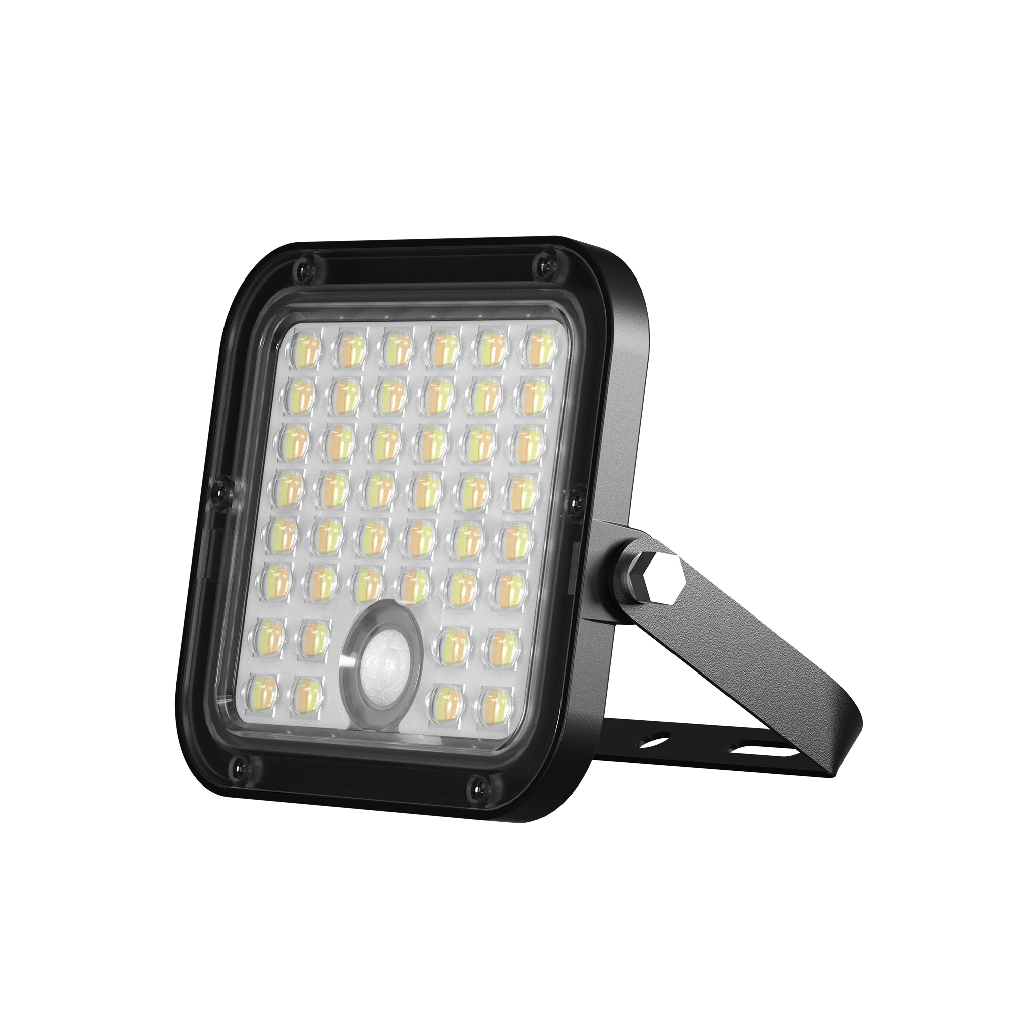 Fekete LED-es reflektor mozgásérzékelővel, fehér háttéren.