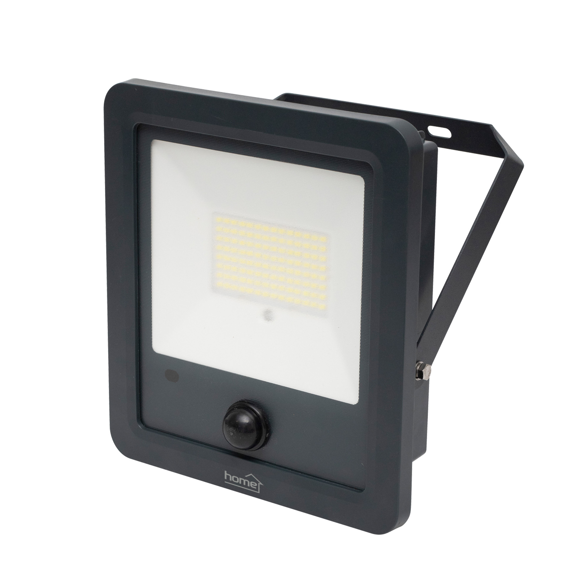 Sötétszürke LED-reflektor mozgásérzékelővel és tartóval fehér háttéren.