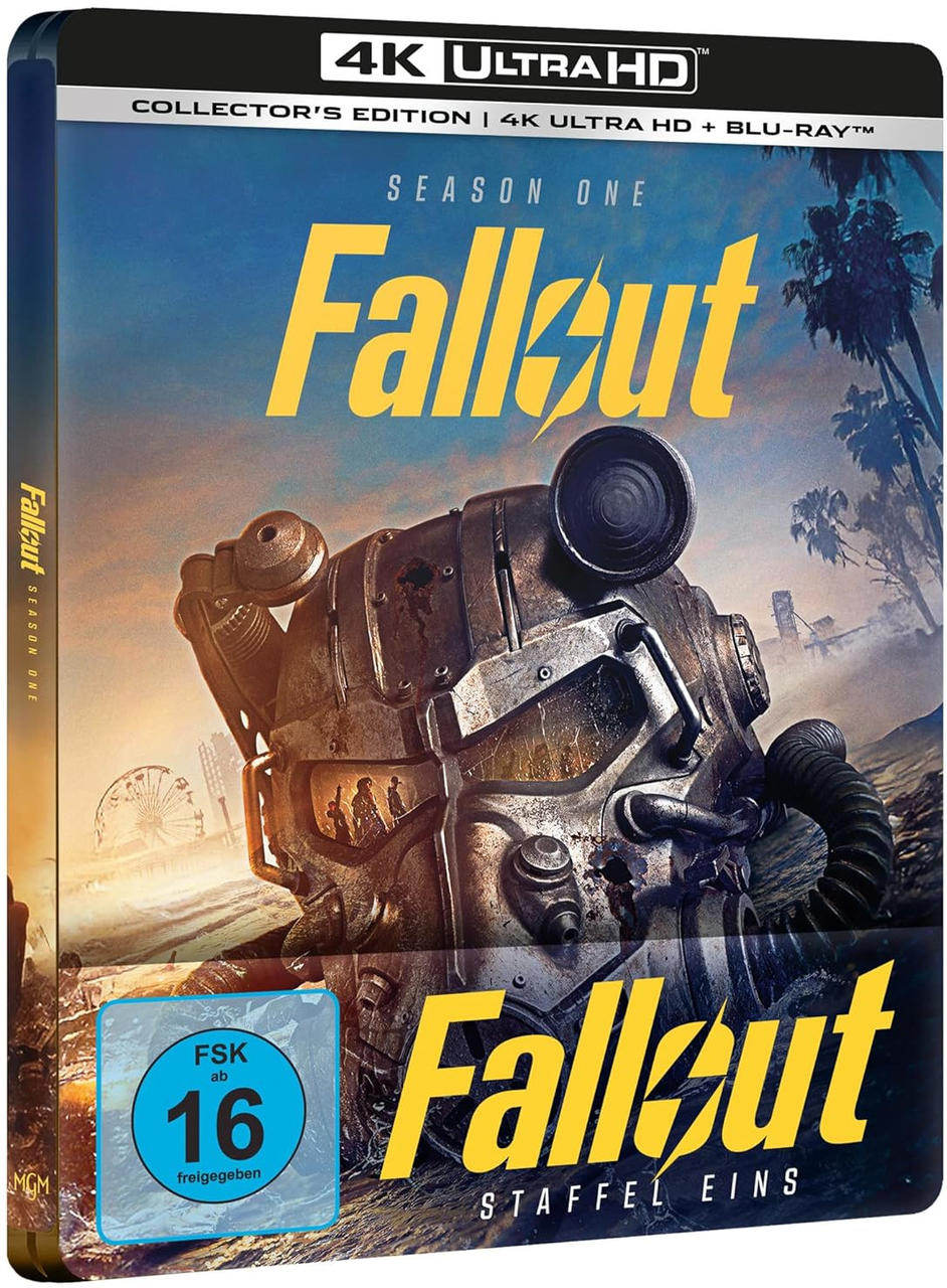 Das Fallout 4K UHD Blu-ray Cover zeigt einen Power-Armor-Helm vor einer Postapokalypse-Landschaft.