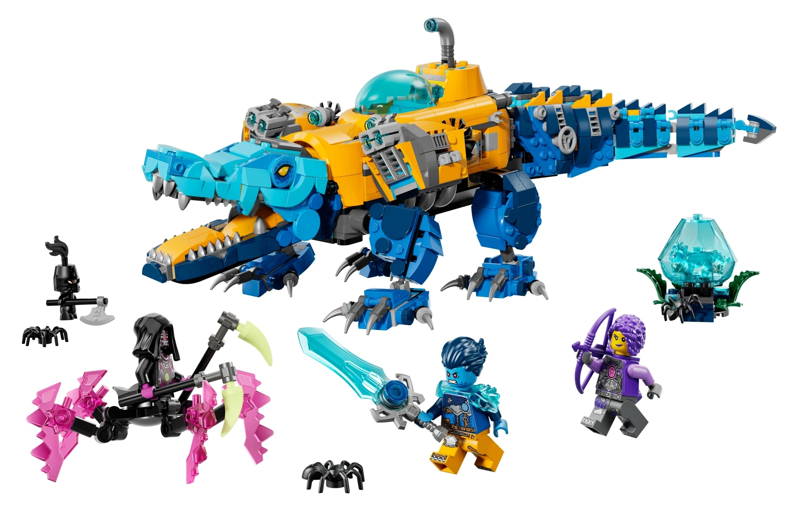 Żółto-niebieski mech krokodyl Lego z figurkami i pająkami na białym tle.