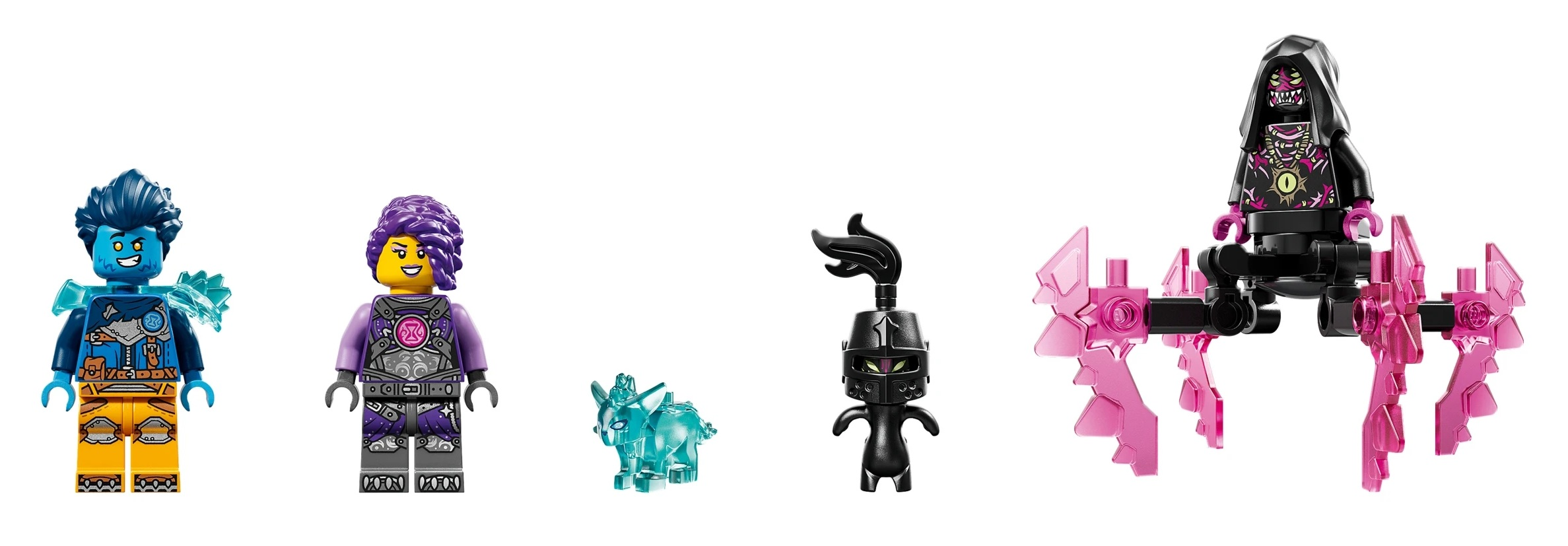 Cztery minifigurki Lego: niebieska, fioletowa, czarny rycerz i złoczyńca.