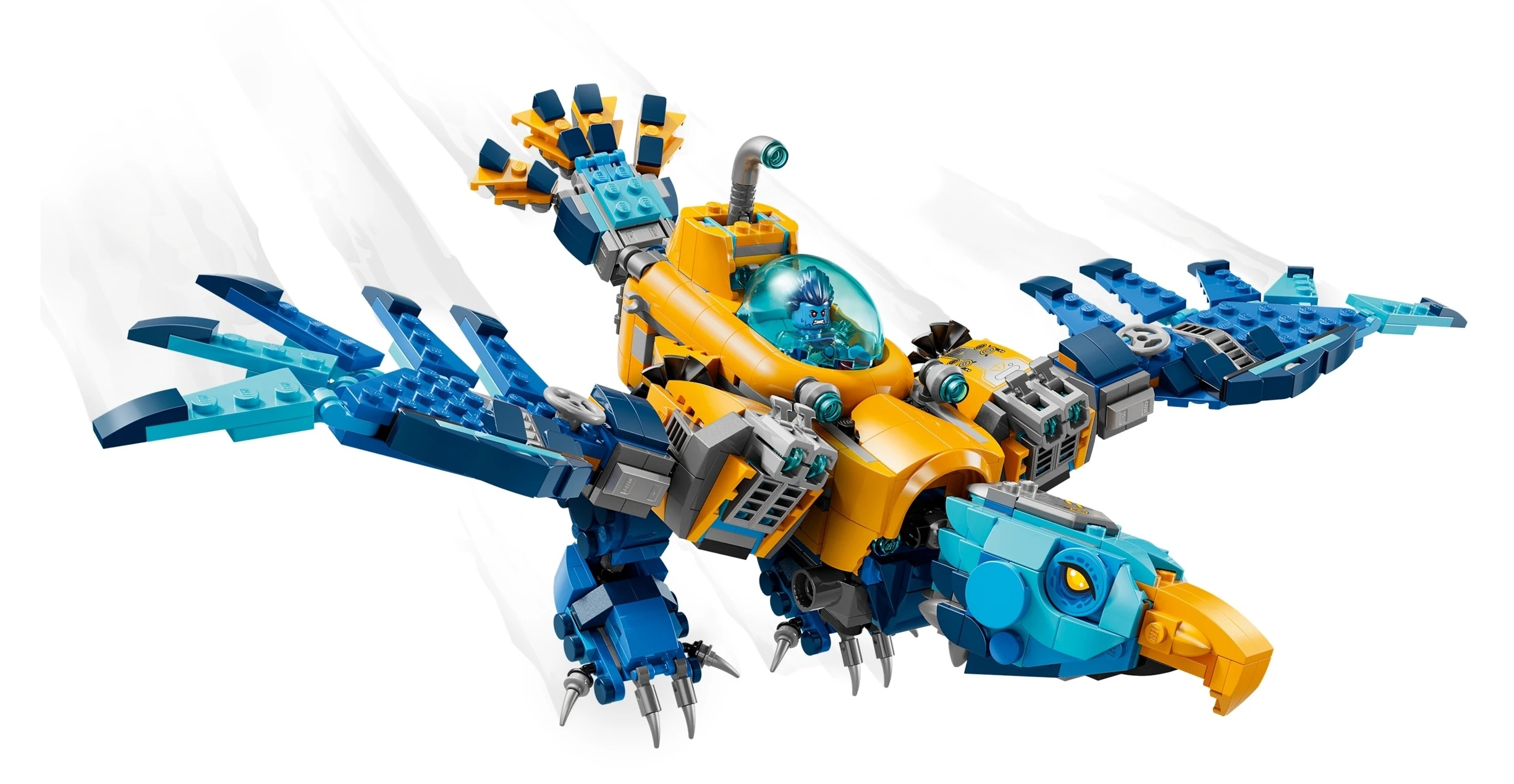 Żółto-niebieski mech-ptak z klocków Lego leci z rozłożonymi skrzydłami.