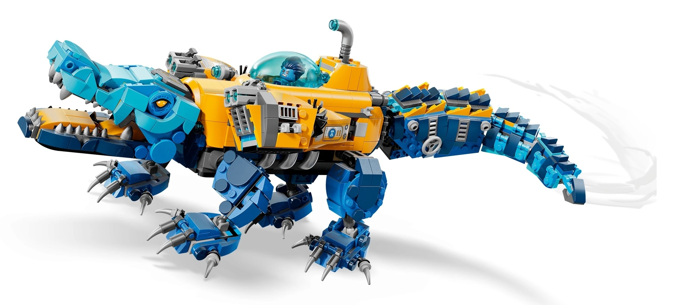 Żółto-niebieski mech krokodyla Lego z pilotem w bańce.