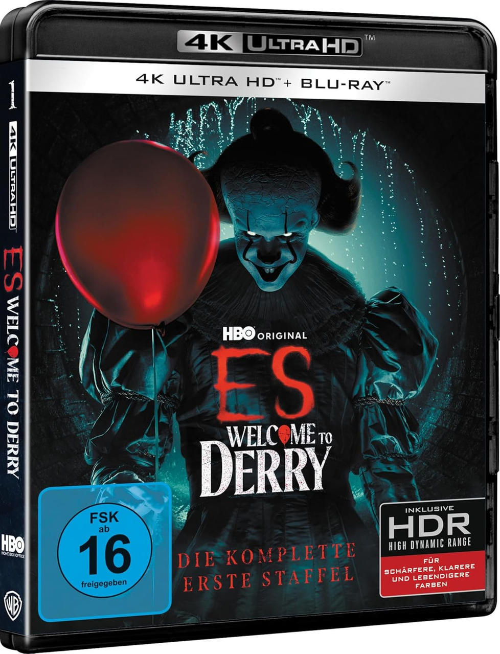 Blu-ray Cover: Pennywise mit rotem Ballon, "ES Welcome to Derry" Titel.