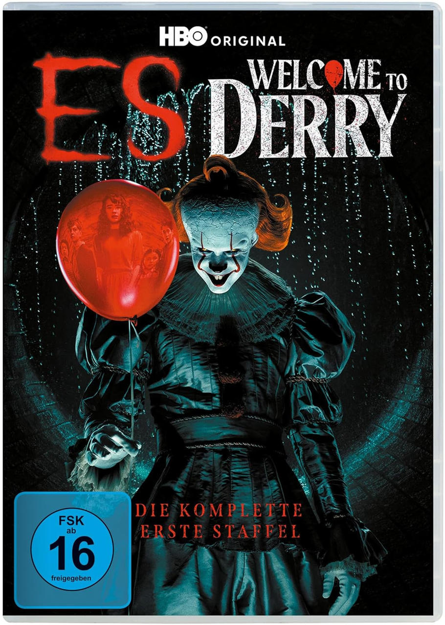 Pennywise hält einen roten Ballon mit Kinderbildern. "Welcome to Derry".