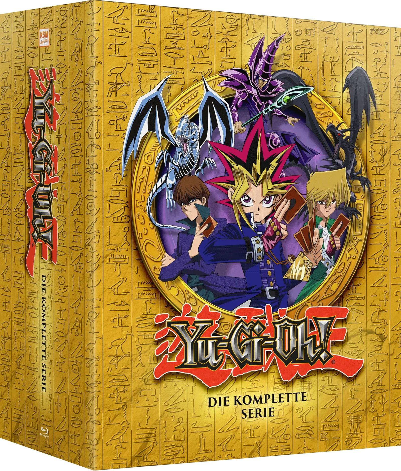 Yu-Gi-Oh! Box mit Charakteren und ägyptischen Hieroglyphen.