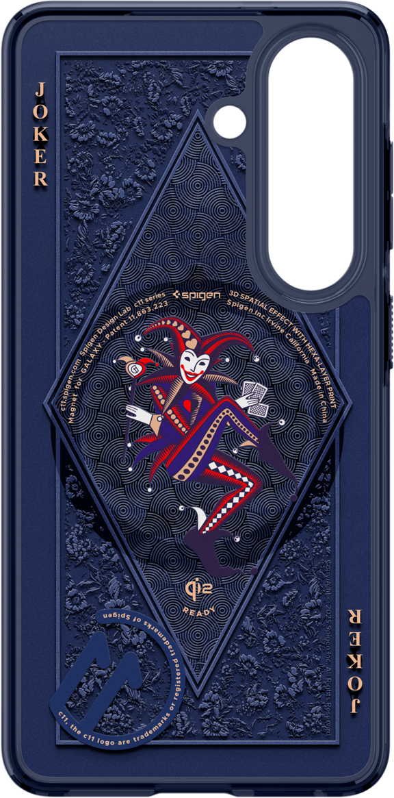 Coque de téléphone bleu foncé avec motif joker et floral.