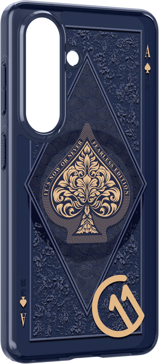 Coque de téléphone bleu foncé avec motif "As de Pique" et floral.