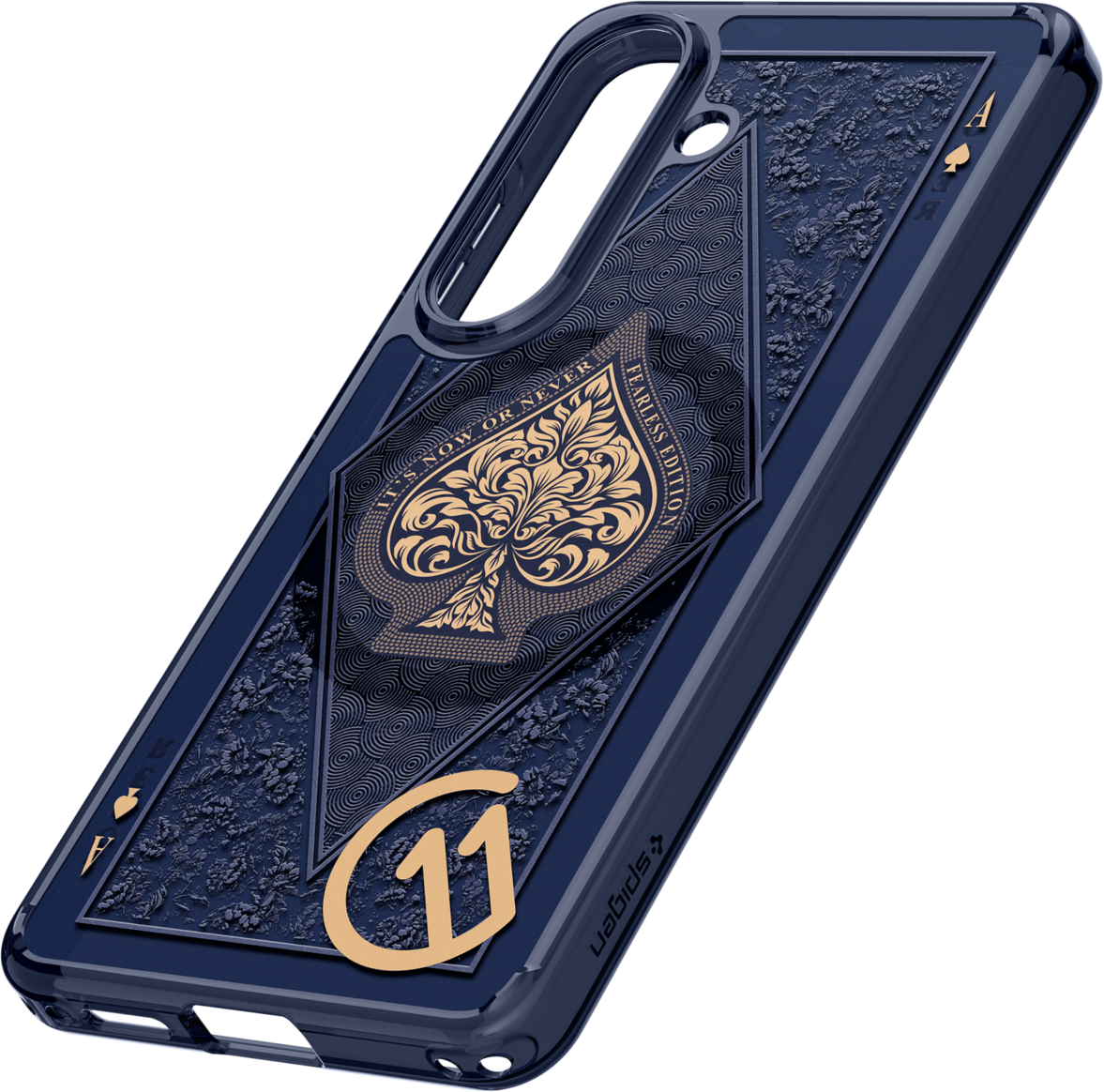 Coque de téléphone bleu foncé avec un design d'as de pique doré et un emblème "11".