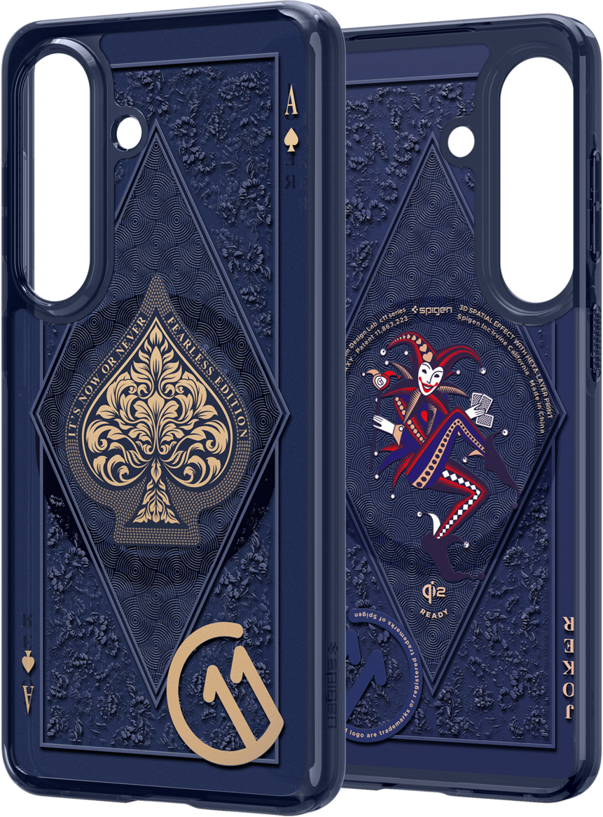 Coque de téléphone bleu marine avec motifs de cartes, As et Joker.