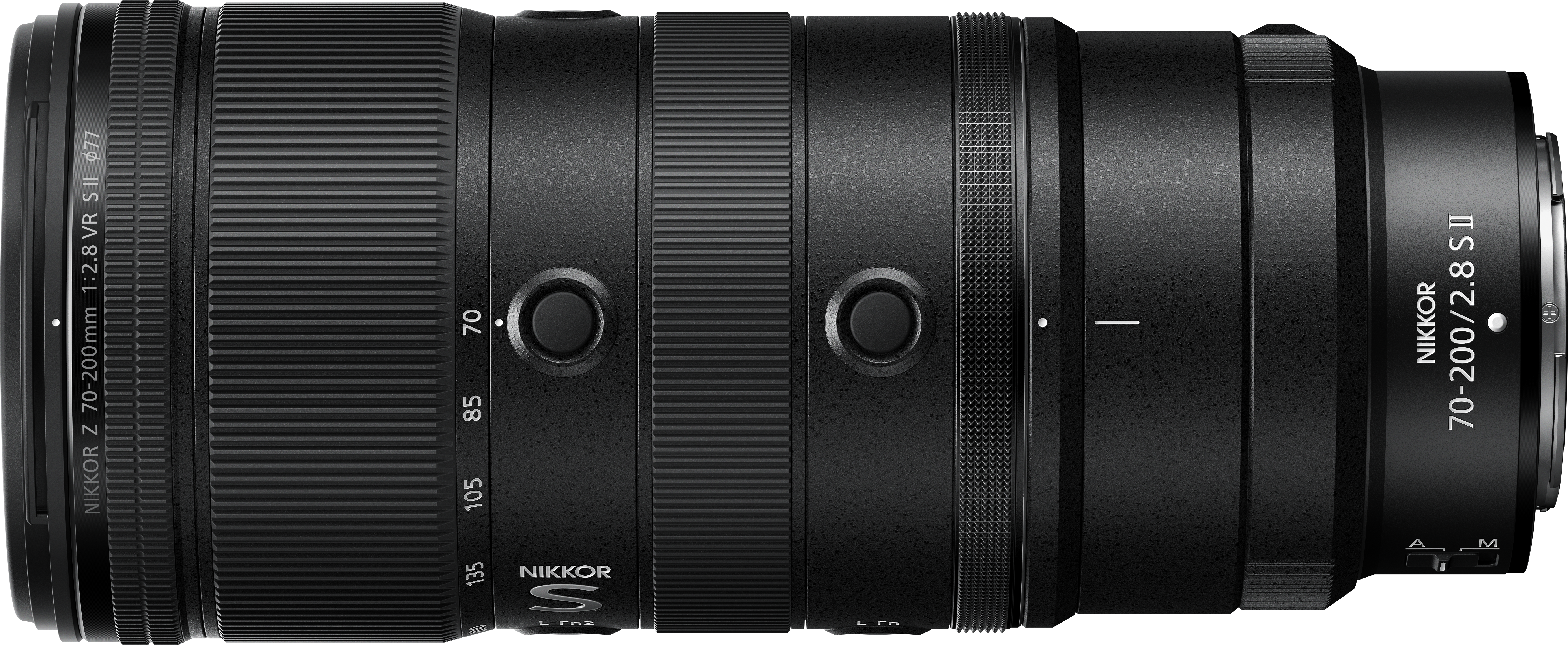 Un objectif NIKKOR 70-200mm 1:2.8 VR S II noir avec bagues de mise au point.
