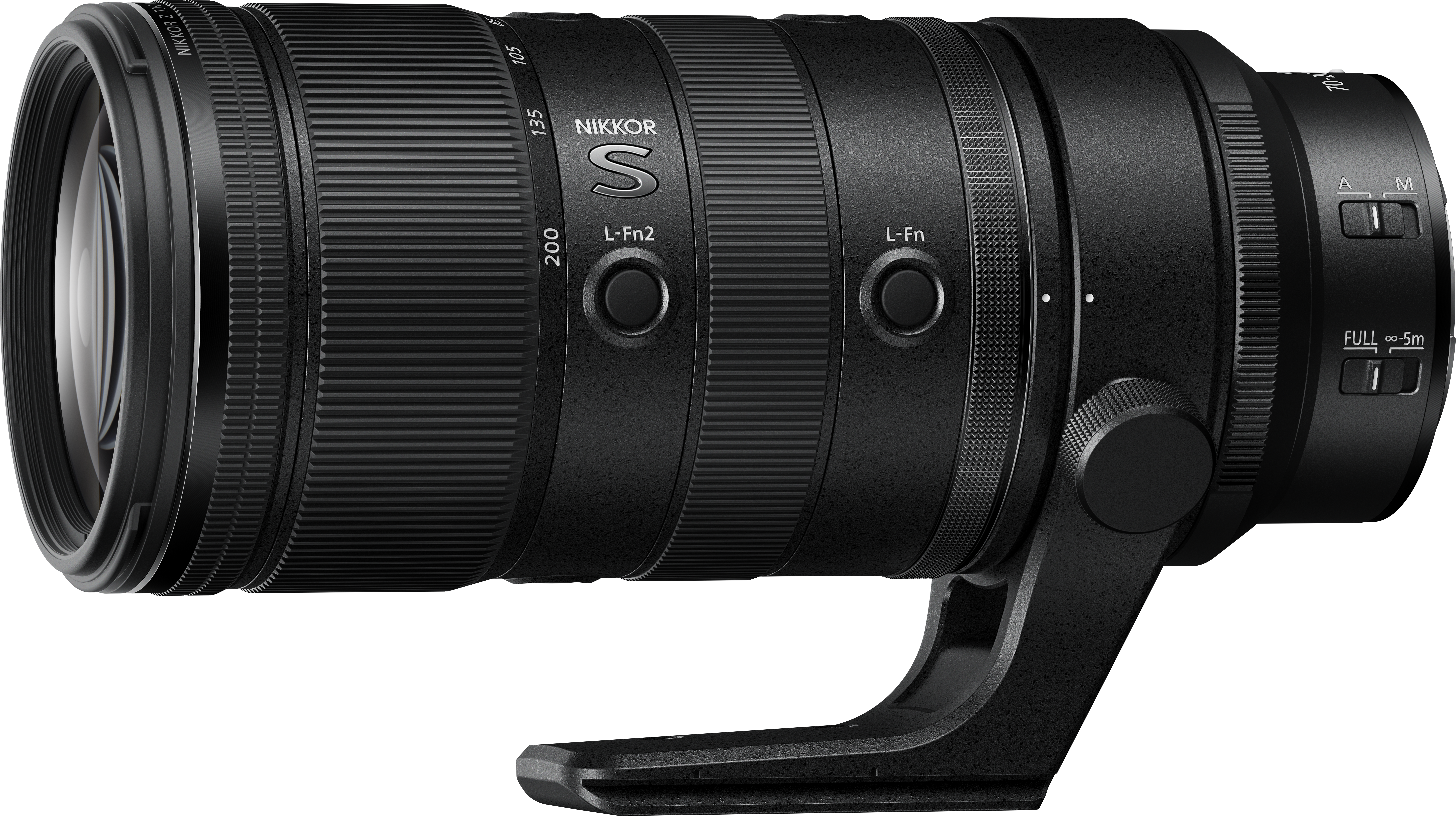 Un objectif Nikon S noir avec bague de zoom, bague de mise au point, et collier.