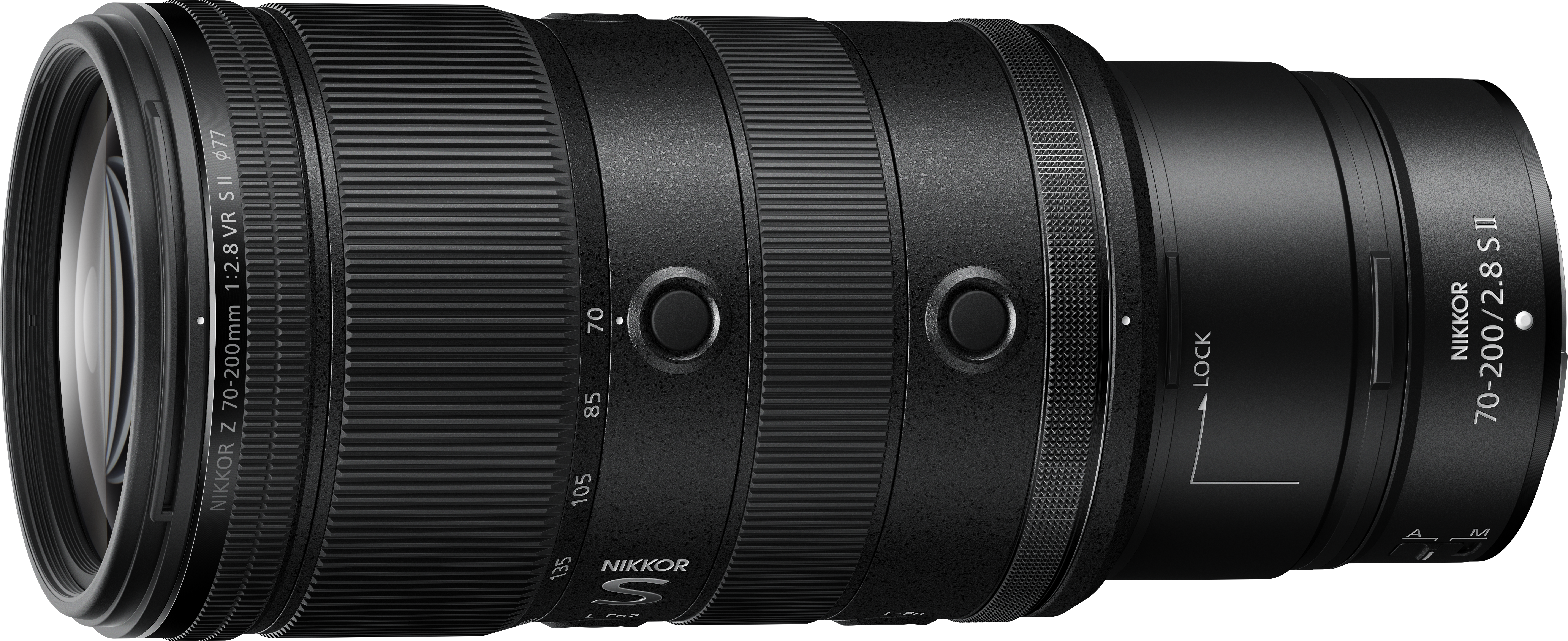 Objectif Nikon 70-200mm f/2.8 S noir avec bagues de mise au point et marquages.