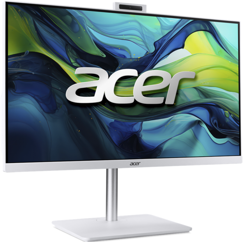 Ordinateur tout-en-un blanc Acer moderne avec un support épuré et un fond abstrait.
