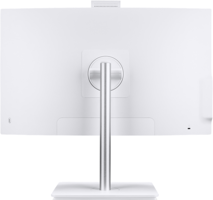 Vue arrière d'un moniteur blanc avec pied argenté et caméra.