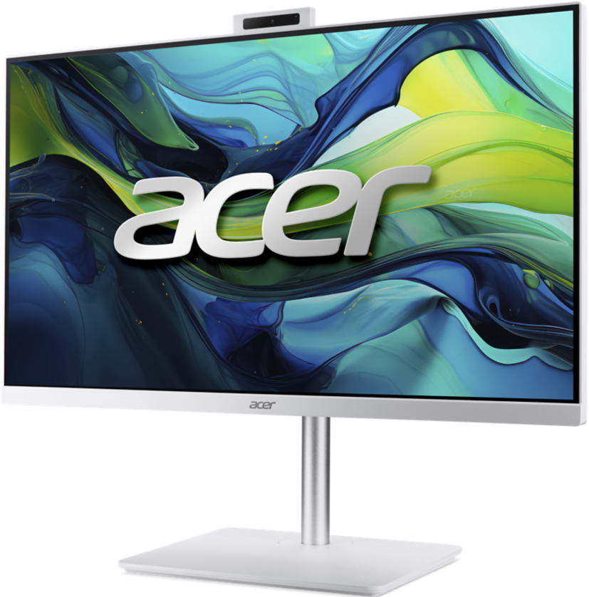 Un écran Acer argenté affiche un fond abstrait coloré avec le logo Acer.