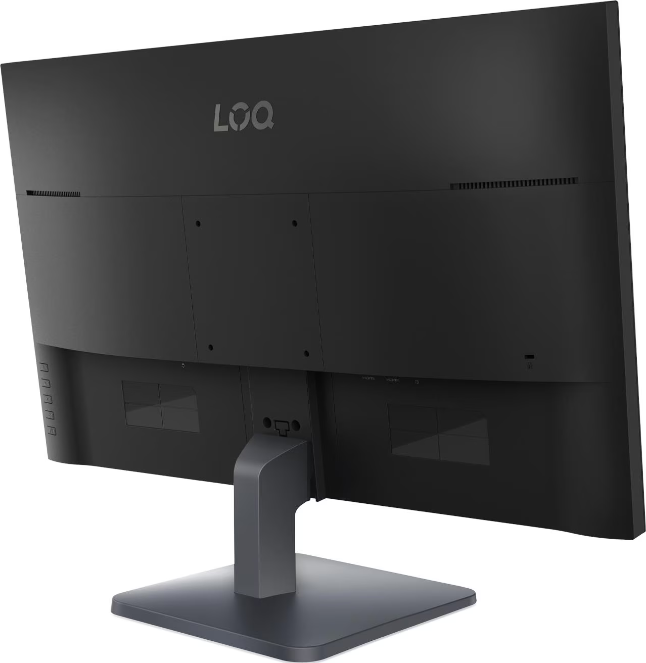Vue arrière d'un moniteur noir avec logo LOQ et ports sur le support.