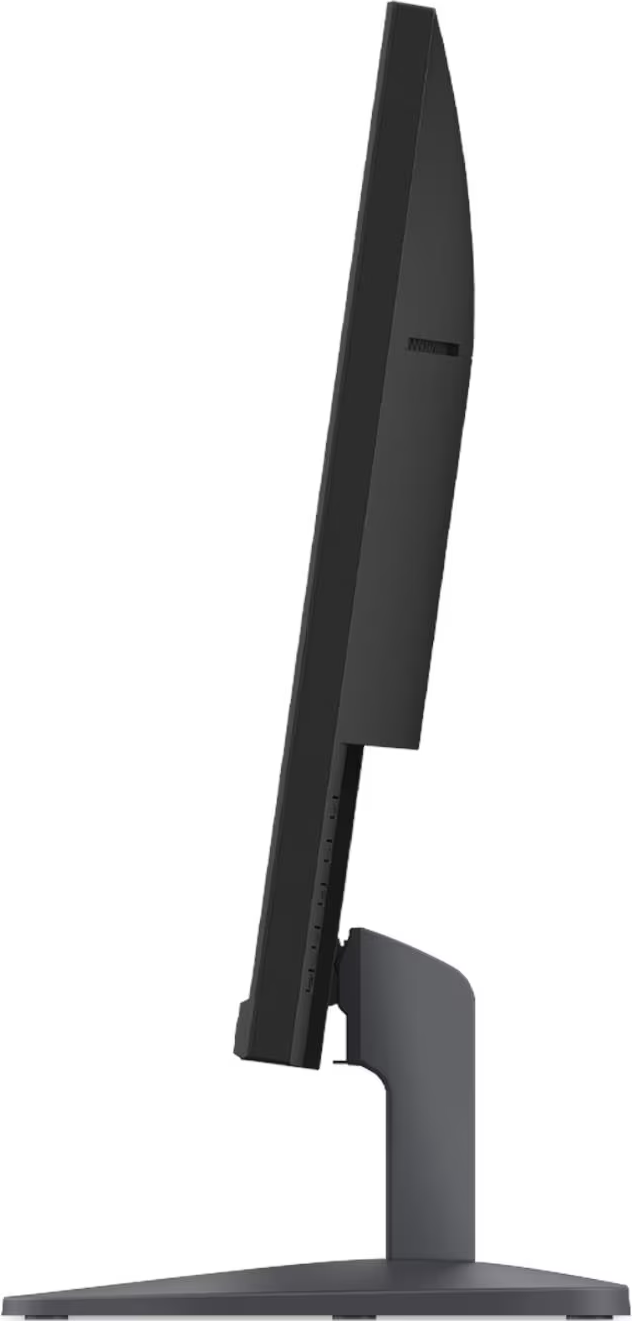 Un moniteur d'ordinateur noir avec un pied, vu de côté.