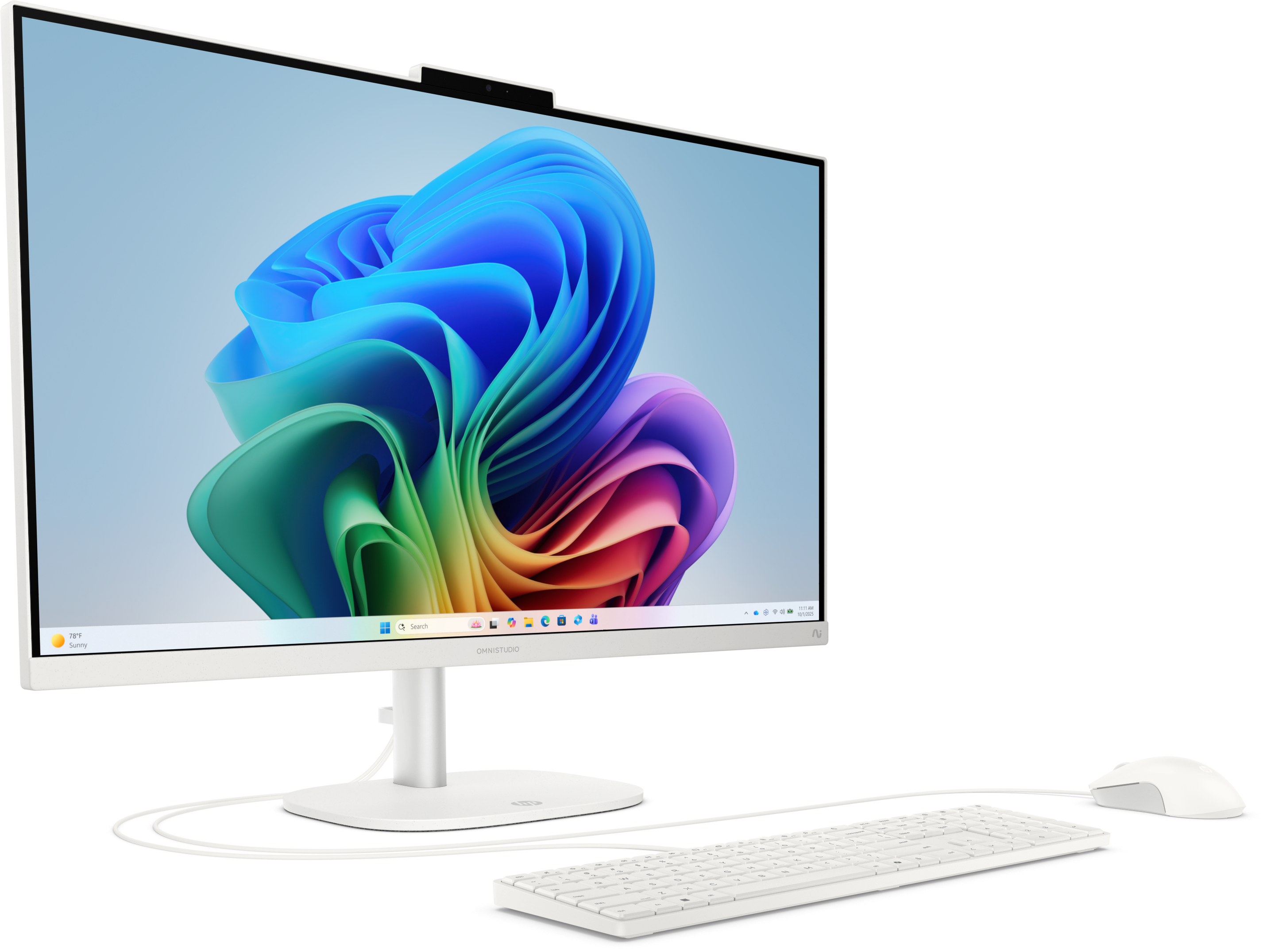 Un ordinateur tout-en-un blanc avec souris et clavier, sur fond coloré.