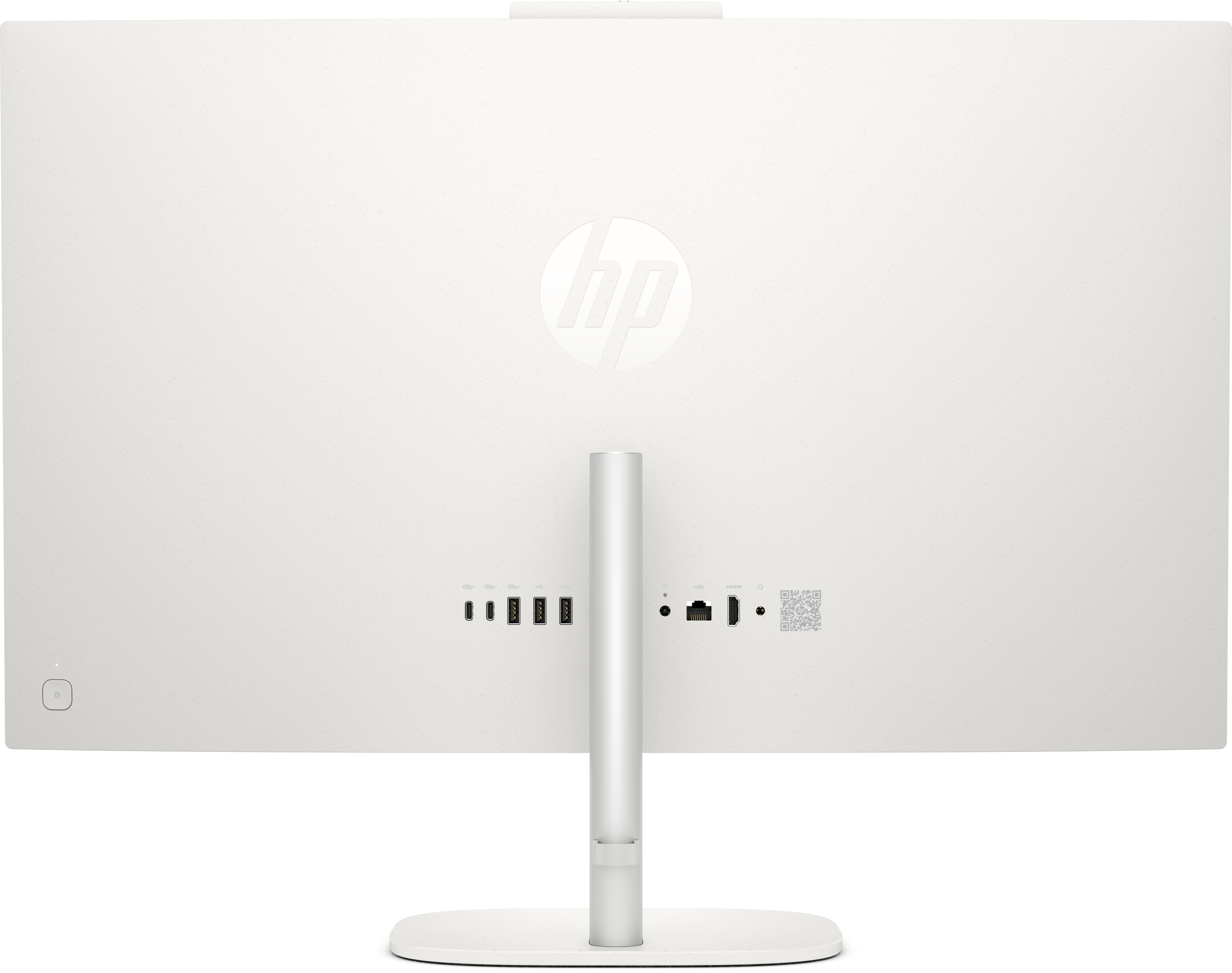 Arrière d'un ordinateur tout-en-un HP blanc avec ports et logo HP.