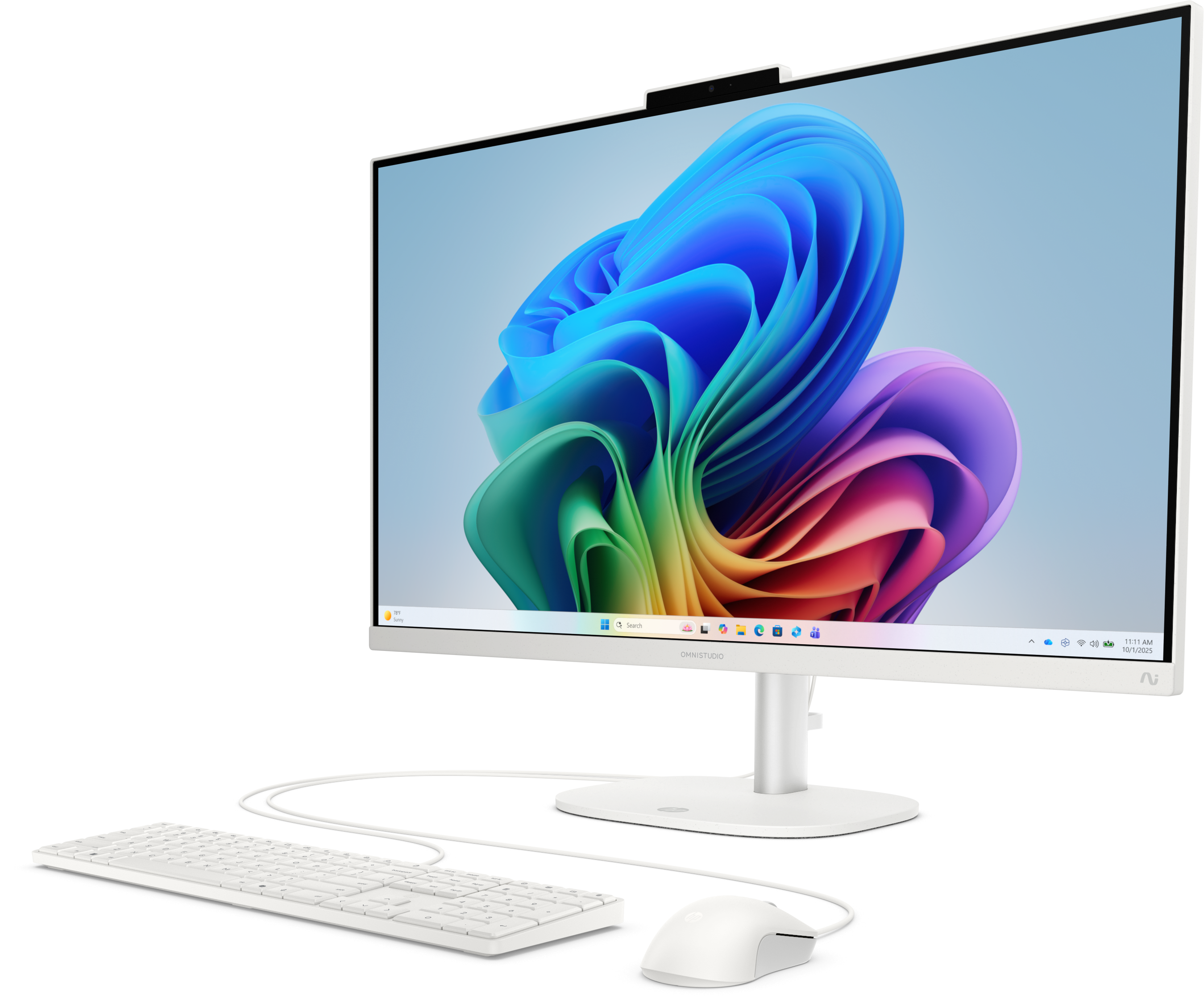 Un ordinateur tout-en-un blanc avec clavier et souris sur fond noir.