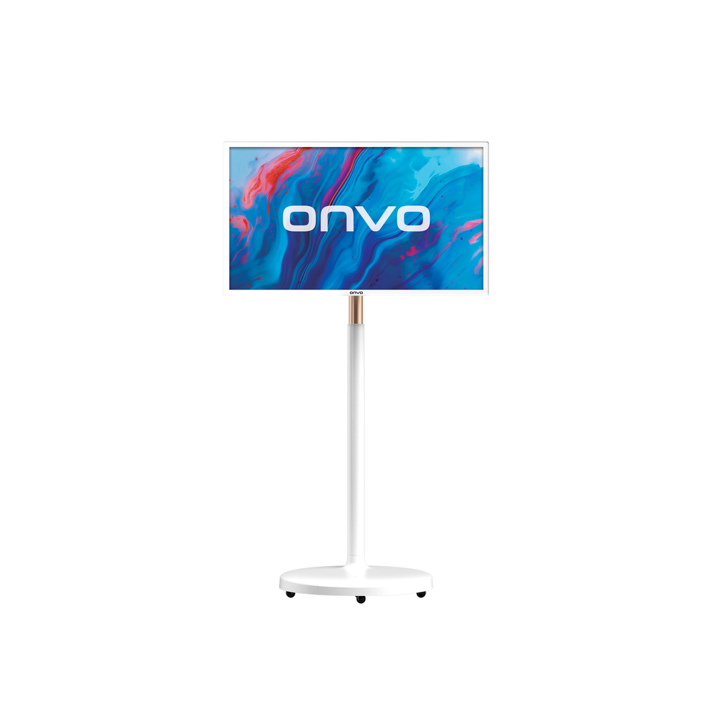 ONVO logosunu ve soyut deseni gösteren düz ekran TV'li beyaz bir yer standı.