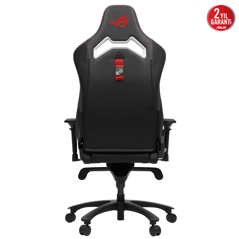 Kırmızı ROG logosu ve kırmızı dikişli siyah oyuncu koltuğu, beyaz zeminde.