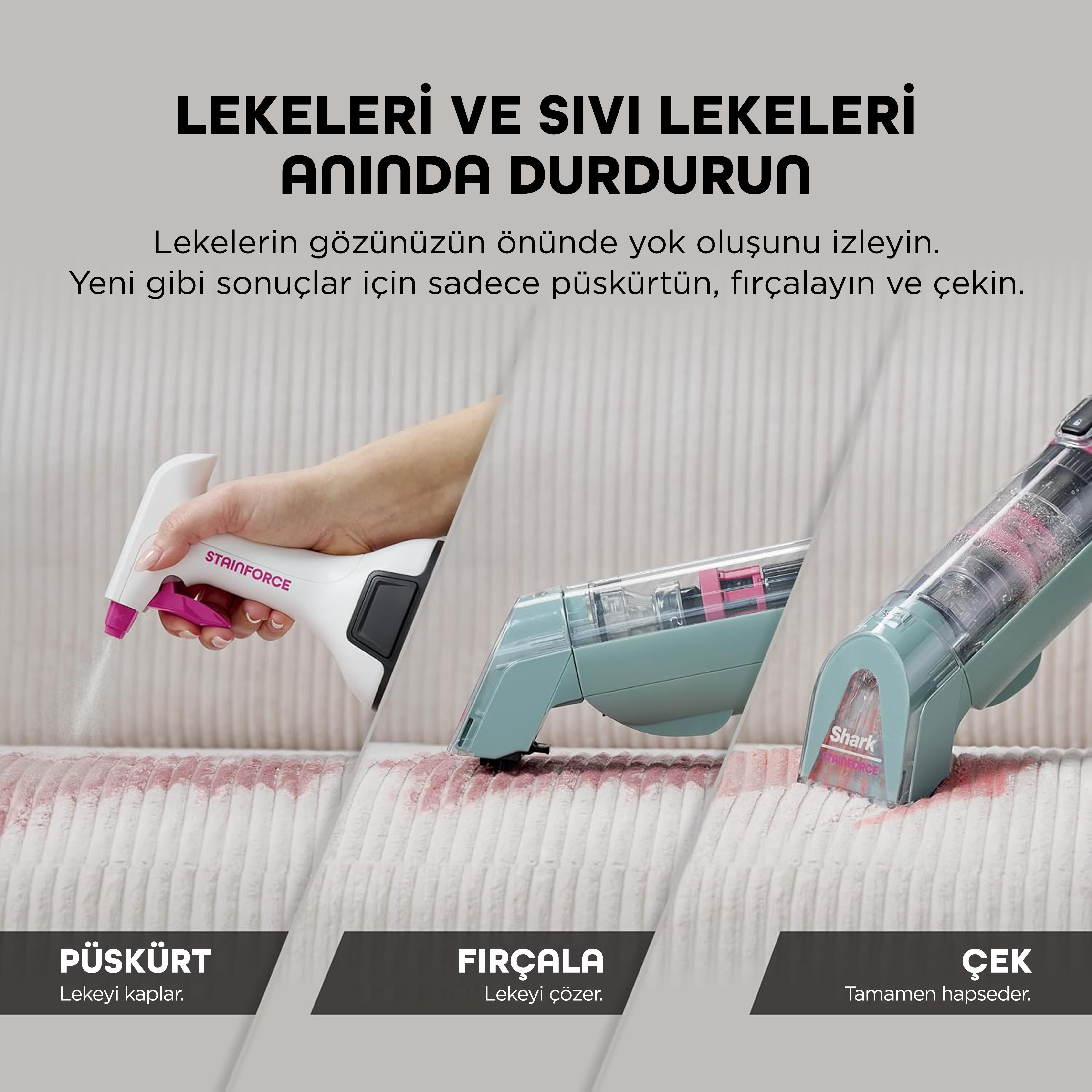 Döşemeli kumaştaki lekeye püskürtücü, fırça ve elektrikli süpürge.