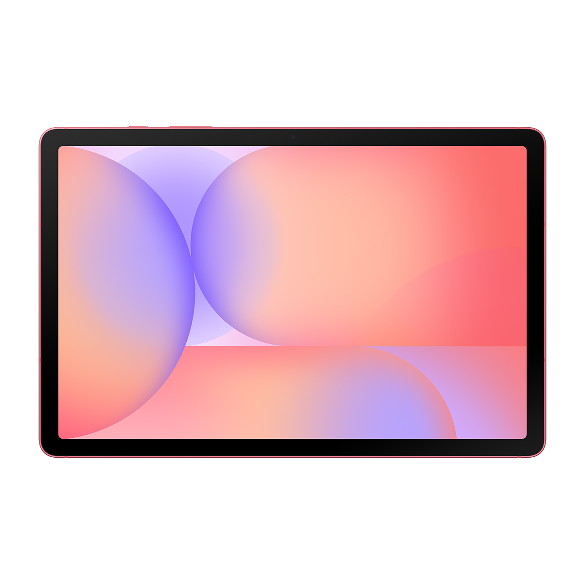 Mor ve turuncu üst üste binen dairelerden oluşan soyut bir arka plana sahip pembe bir tablet.