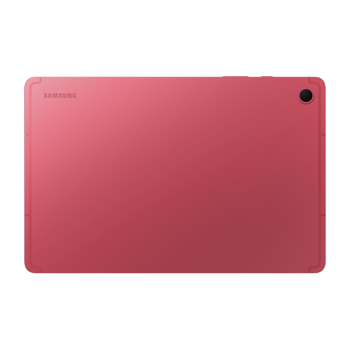 Kamera lensi ve logosu olan kırmızı Samsung tabletin arka yüzü.