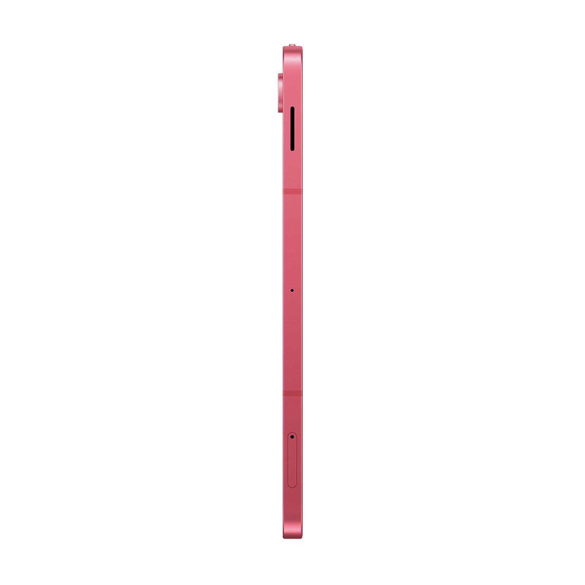 Yan taraftan görünen, düğmeleri ve portları olan pembe bir akıllı telefon.