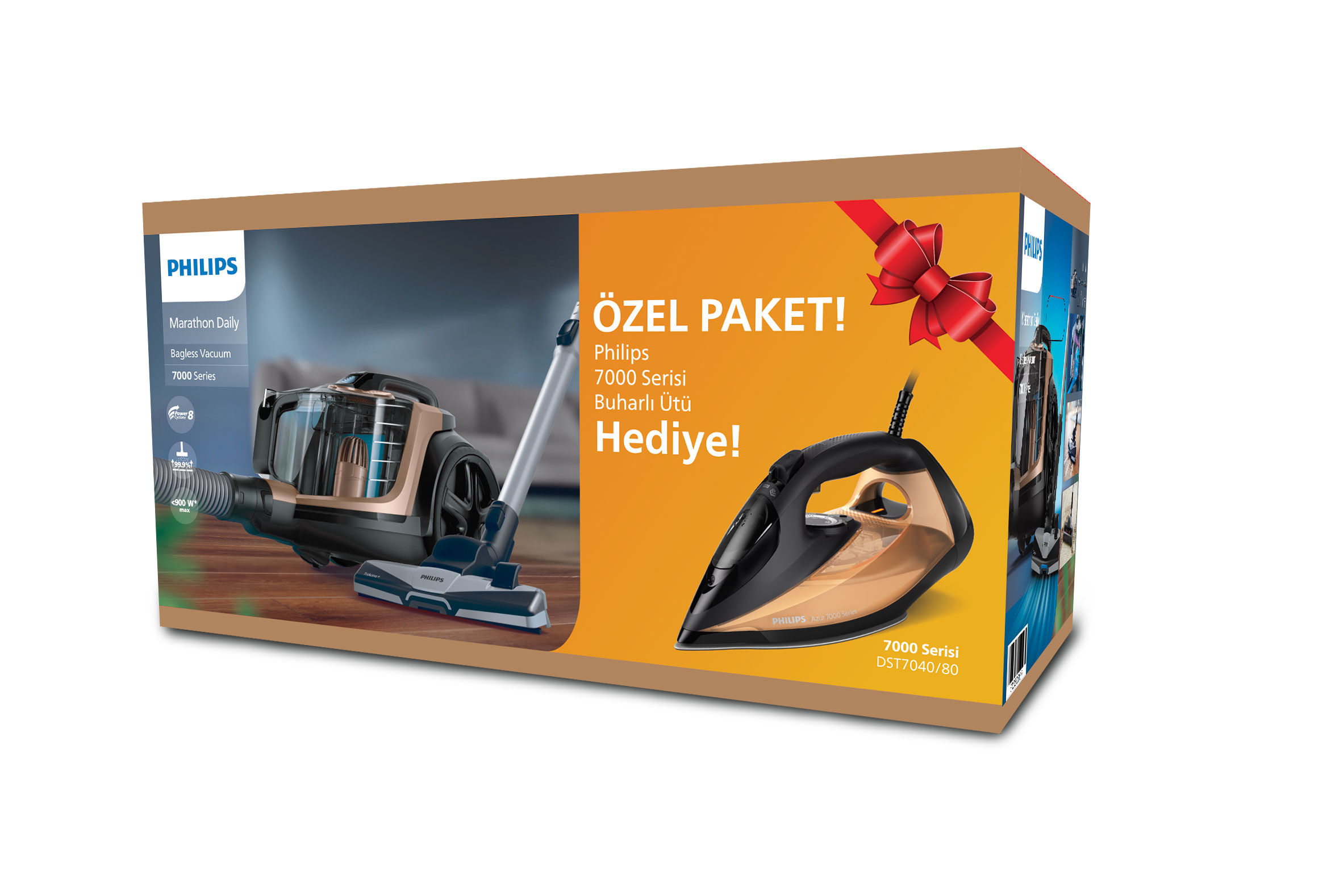 Kırmızı kurdeleli ürün ambalajında Philips elektrik süpürgesi ve ütü.