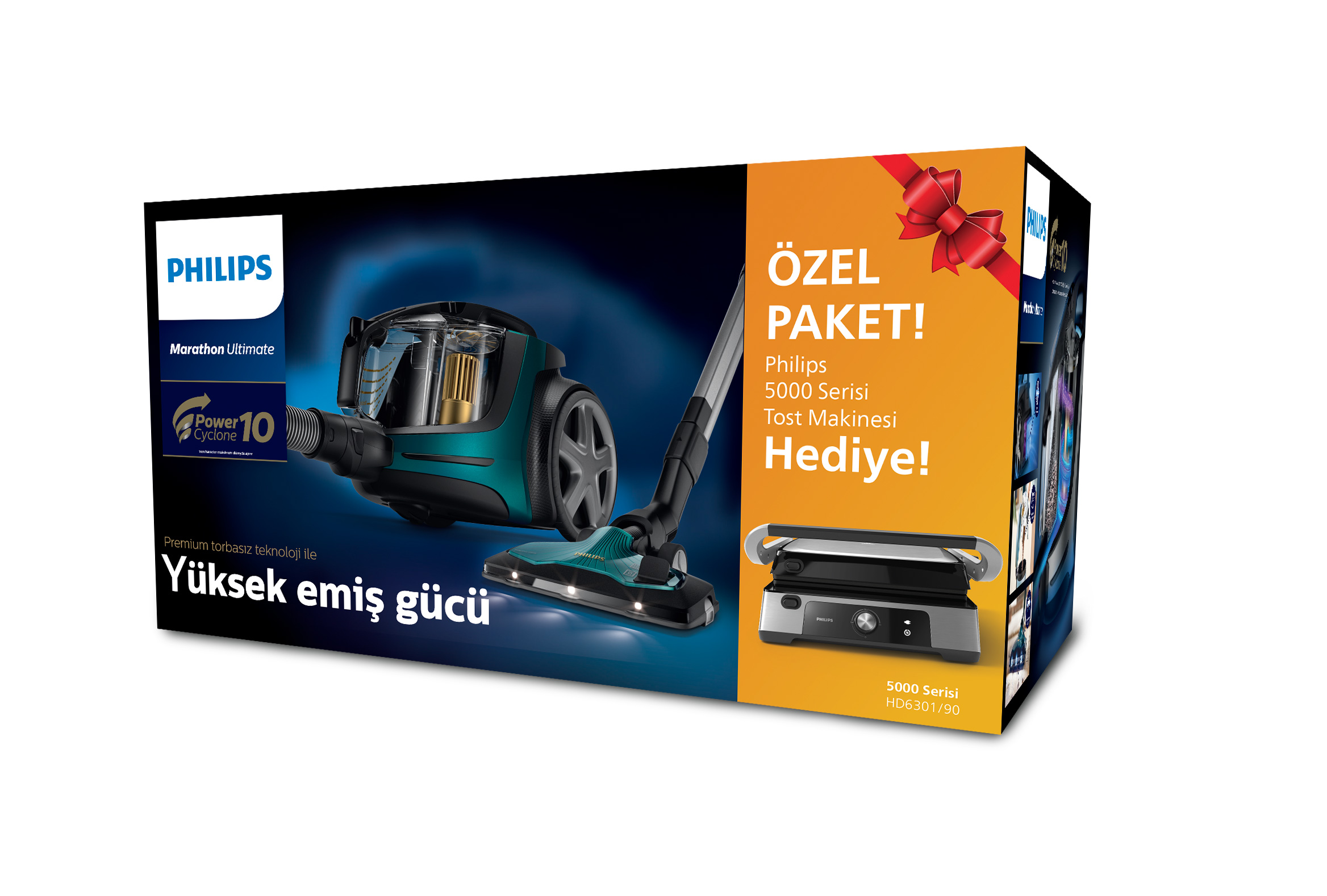 Philips Marathon Ultimate elektrikli süpürge ve tost makinesi özel paketi.