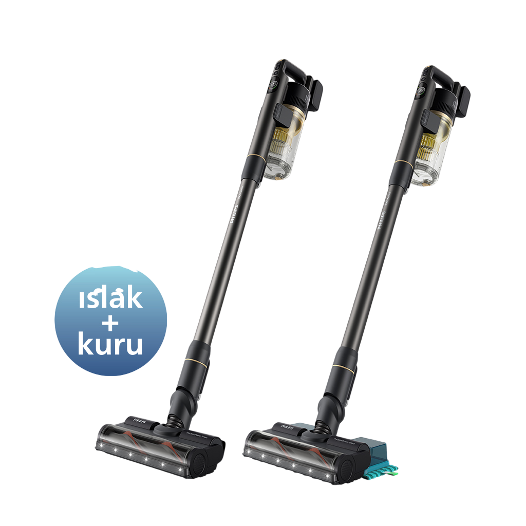 Siyah arka plan üzerinde altın süslemeli iki siyah kablosuz elektrikli süpürge.