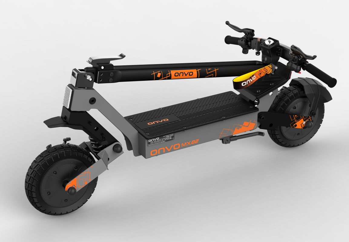 Turuncu vurgulara ve siyah lastiklere sahip gri elektrikli scooter.