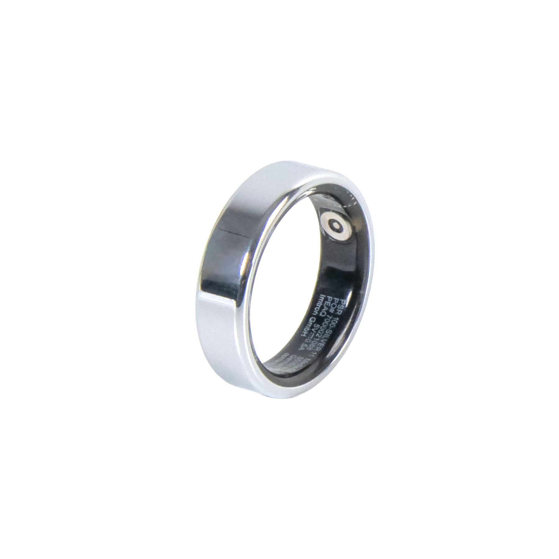 Ein glänzender silberner Ring mit schwarzen Innenseiten und einem kleinen Kreisobjekt.