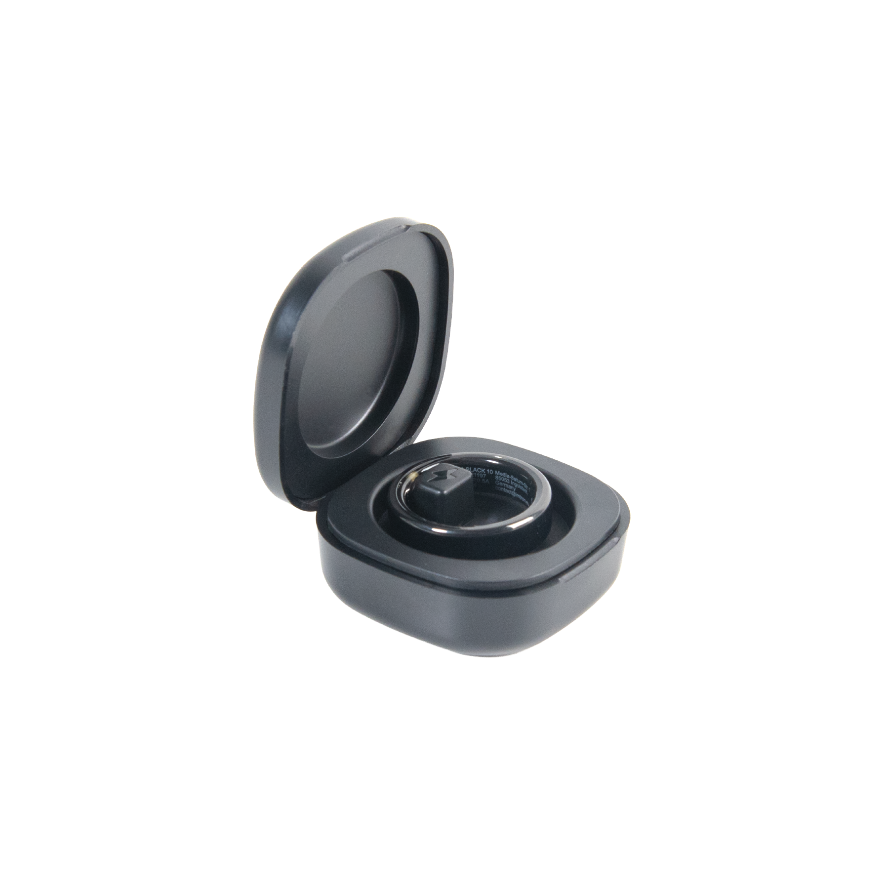 Ein schwarzer Ring in einer geöffneten schwarzen Ringbox.