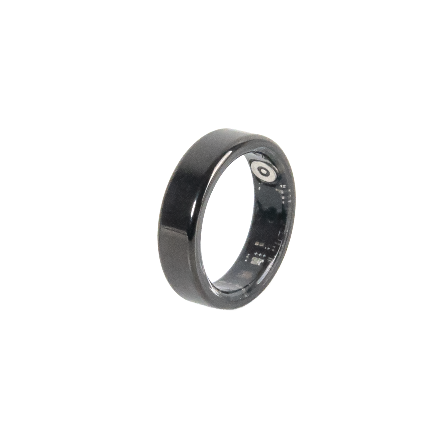 Ein dunkler, glänzender Ring mit sichtbarer Elektronik und einem Kreissensor auf der Innenseite.