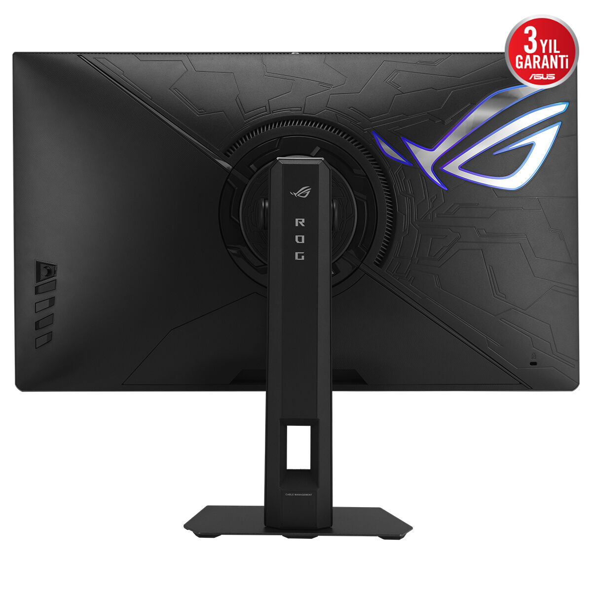 ROG logosu ve garanti etiketi olan siyah monitörün arkası.