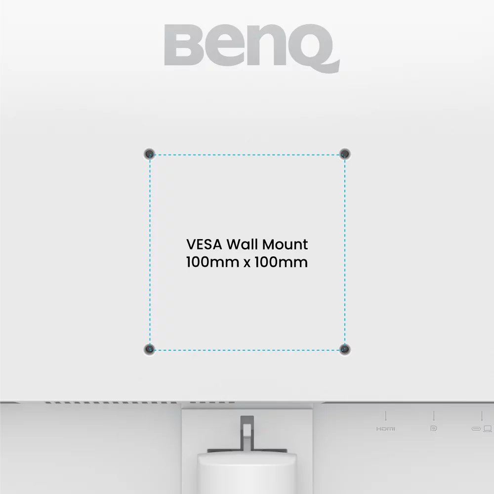 BenQ Logo und VESA-Wandhalterung 100x100mm auf weißem Monitor.