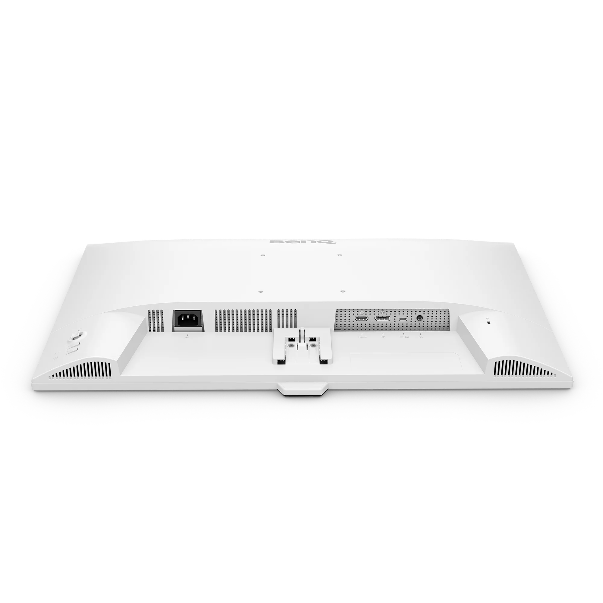 Rückseite eines weißen Monitors mit Anschlüssen: Strom, HDMI, USB-C und Audio.