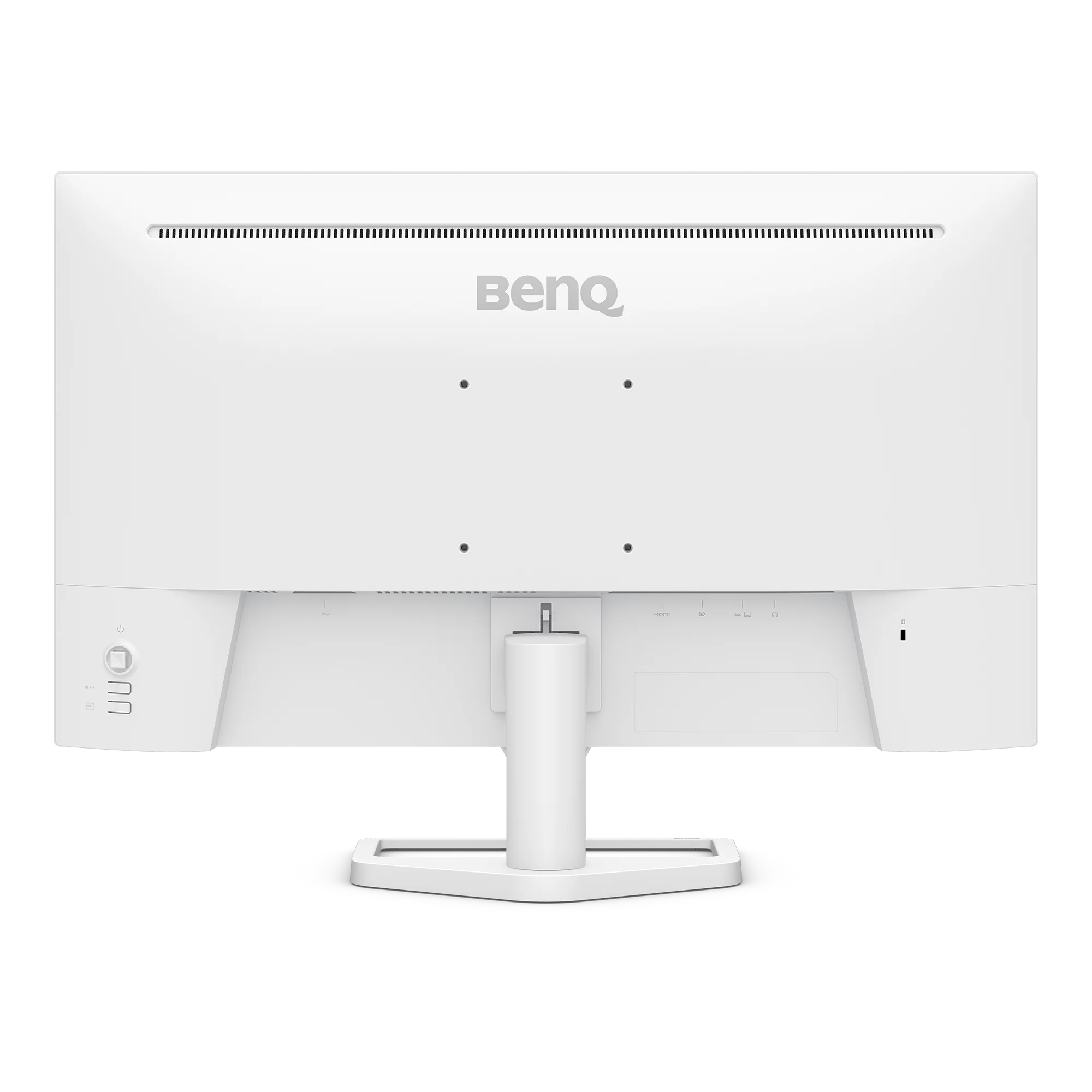 Rückseite eines weißen BenQ Monitors mit Anschlüssen und Ständer.