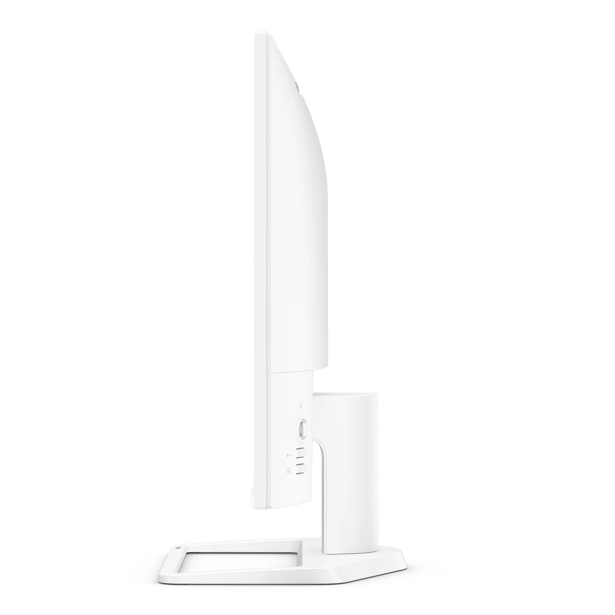 Weiße Computermonitore von der Seite mit schwarzem Hintergrund.