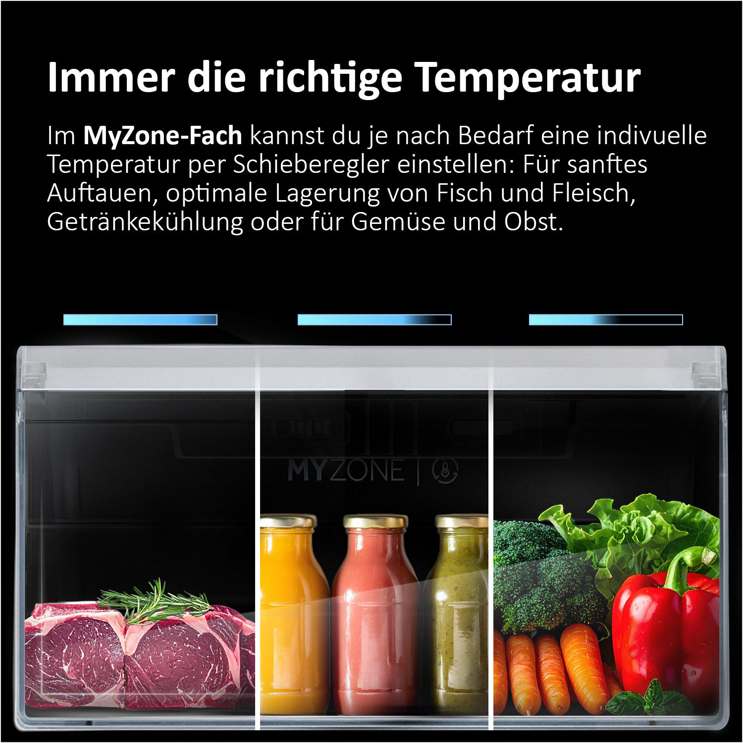 Frische Lebensmittel: Fleisch, Saftflaschen, Gemüse und Obst in einem Kühlschrankfach.