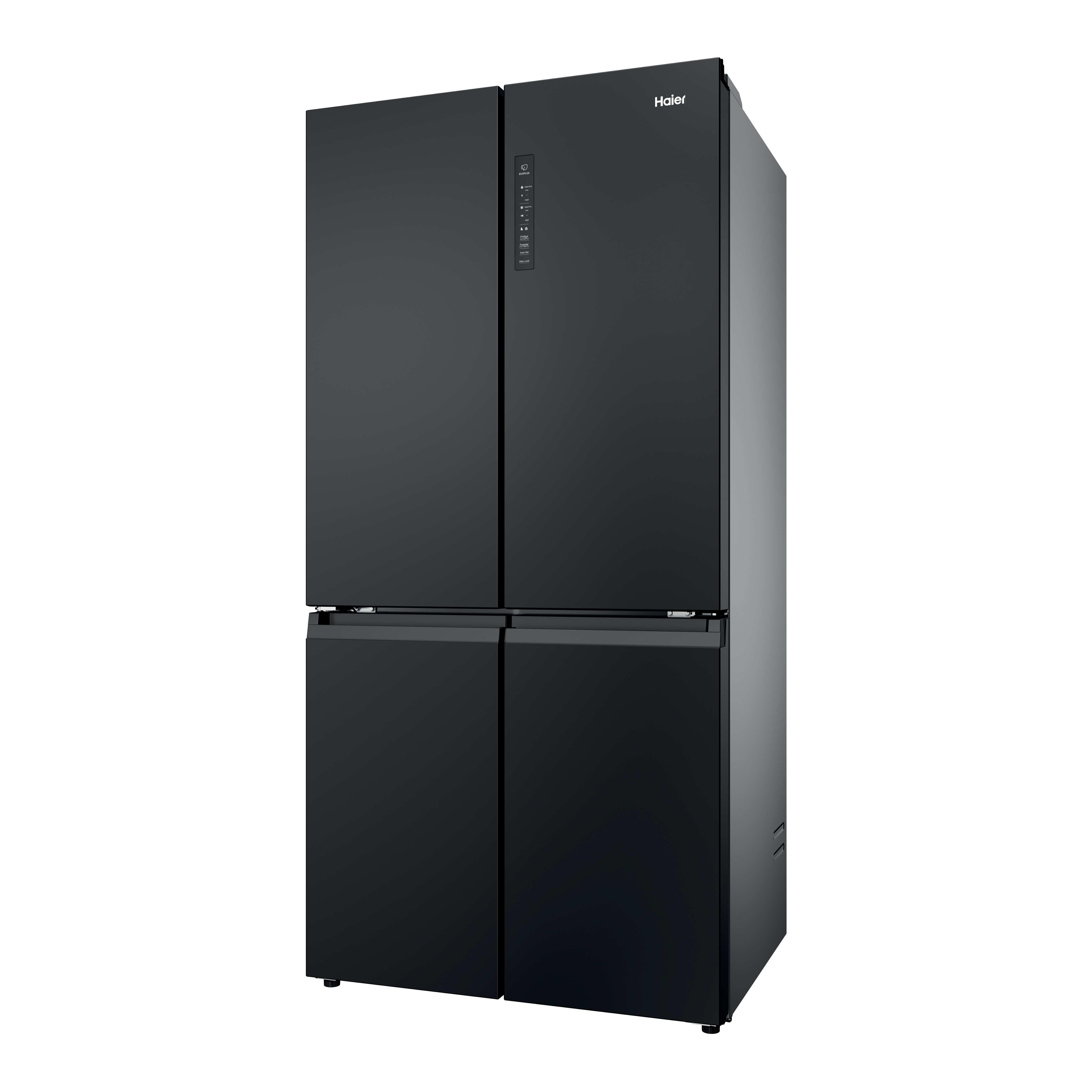 Ein schwarzer Haier Kühlschrank mit vier Türen und einem Bedienfeld.