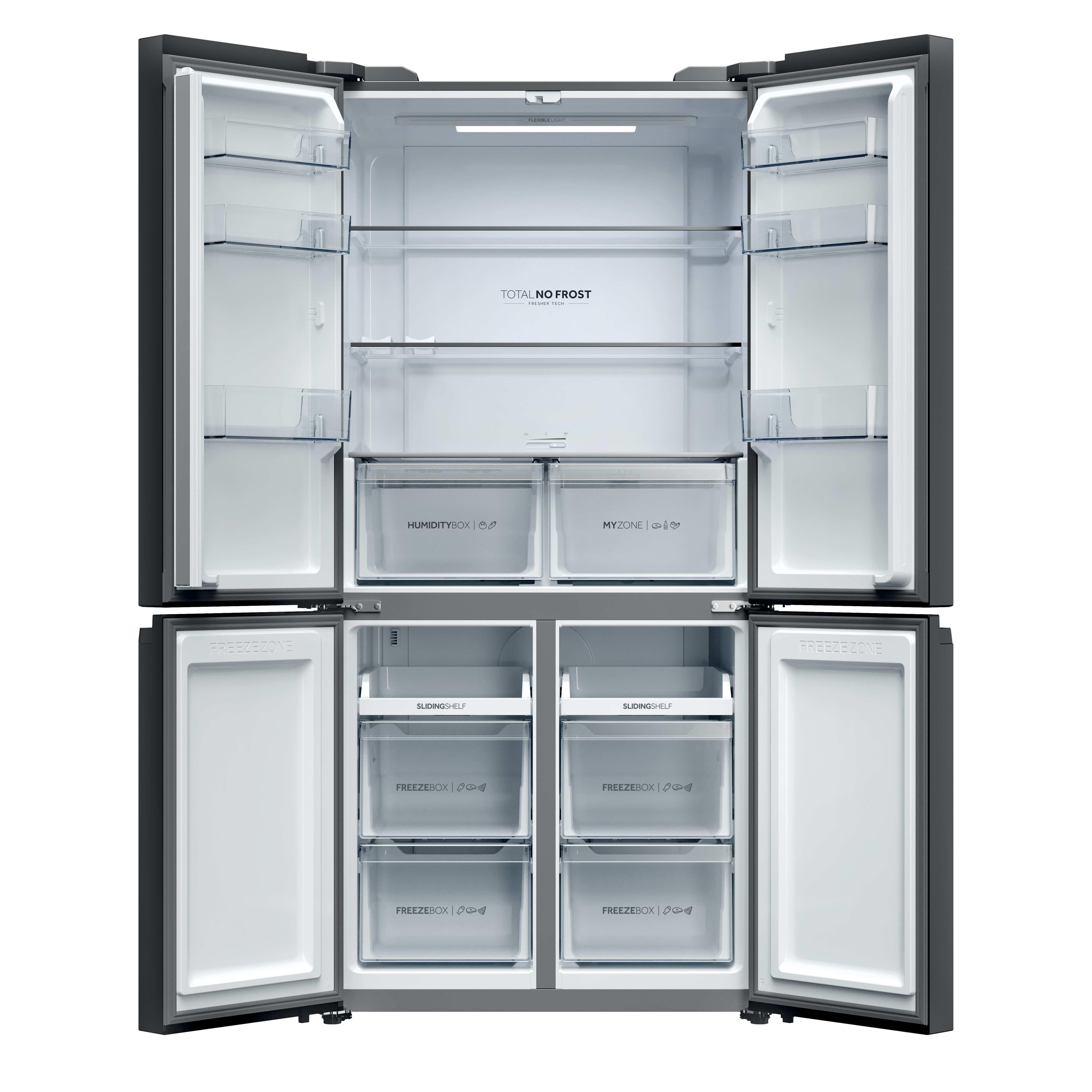 Ein offener, dunkler Kühlschrank mit mehreren Fächern und Schubladen.