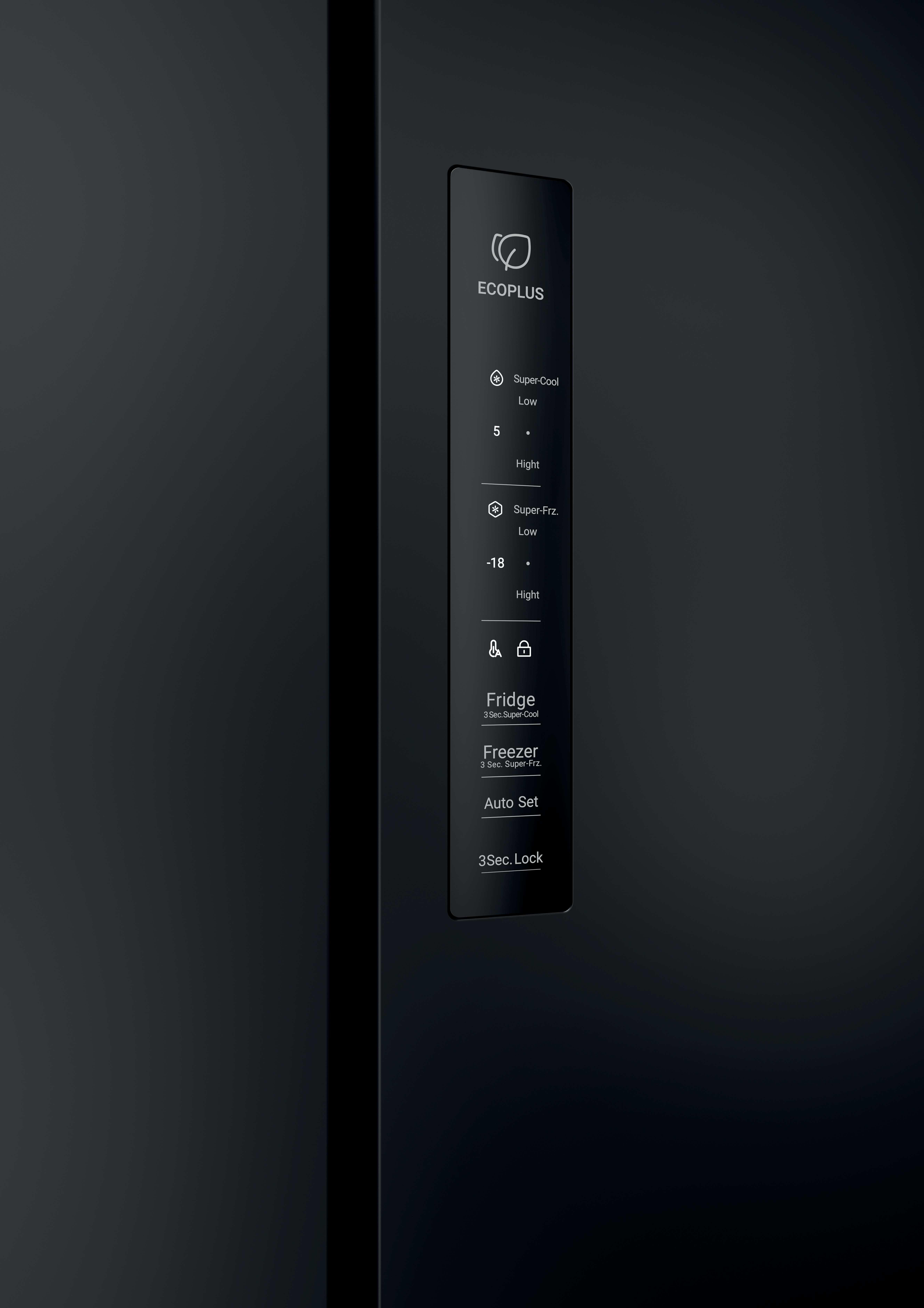 Schwarz-Display mit Köhl-/Gefrierfunktionen: ECOPLUS, Super-Cool, Super-Frz.