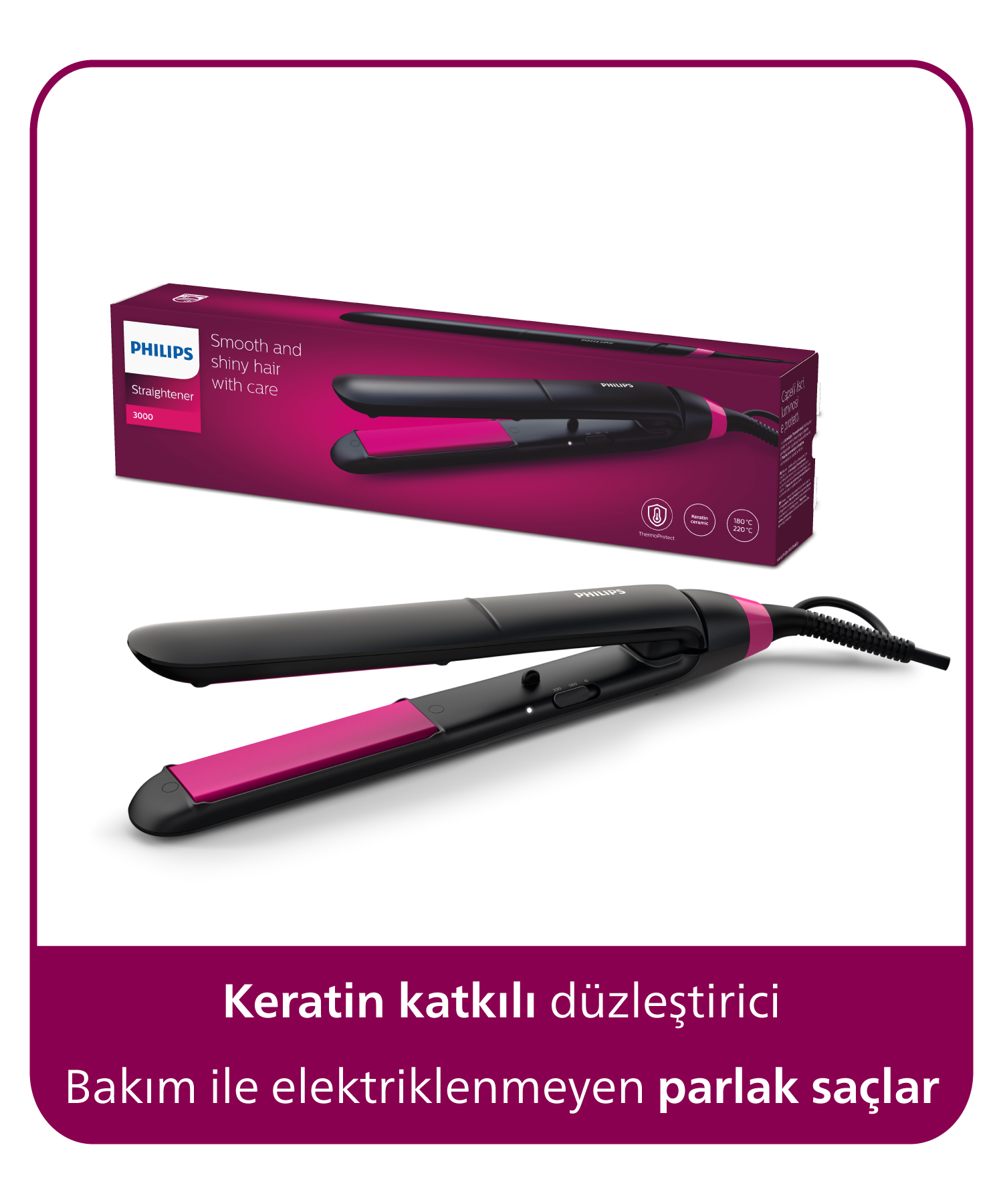 Seramik plakalı siyah ve pembe Philips saç düzleştirici.