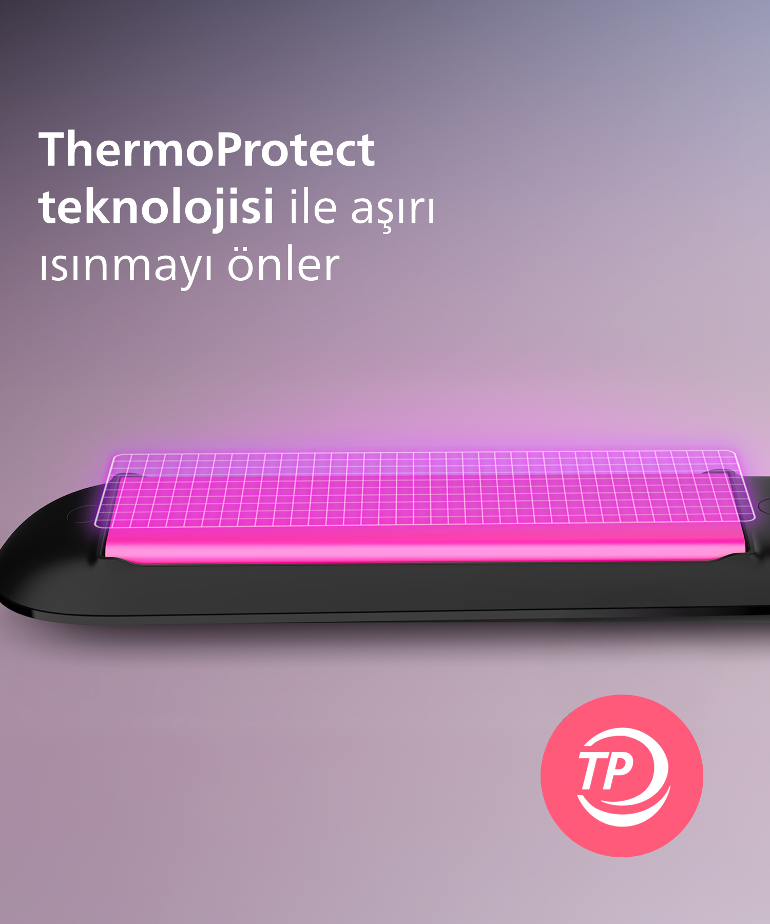 ThermoProtect teknolojili ve pembe ısıtıcı plakalı saç düzleştirici. TP logosu.