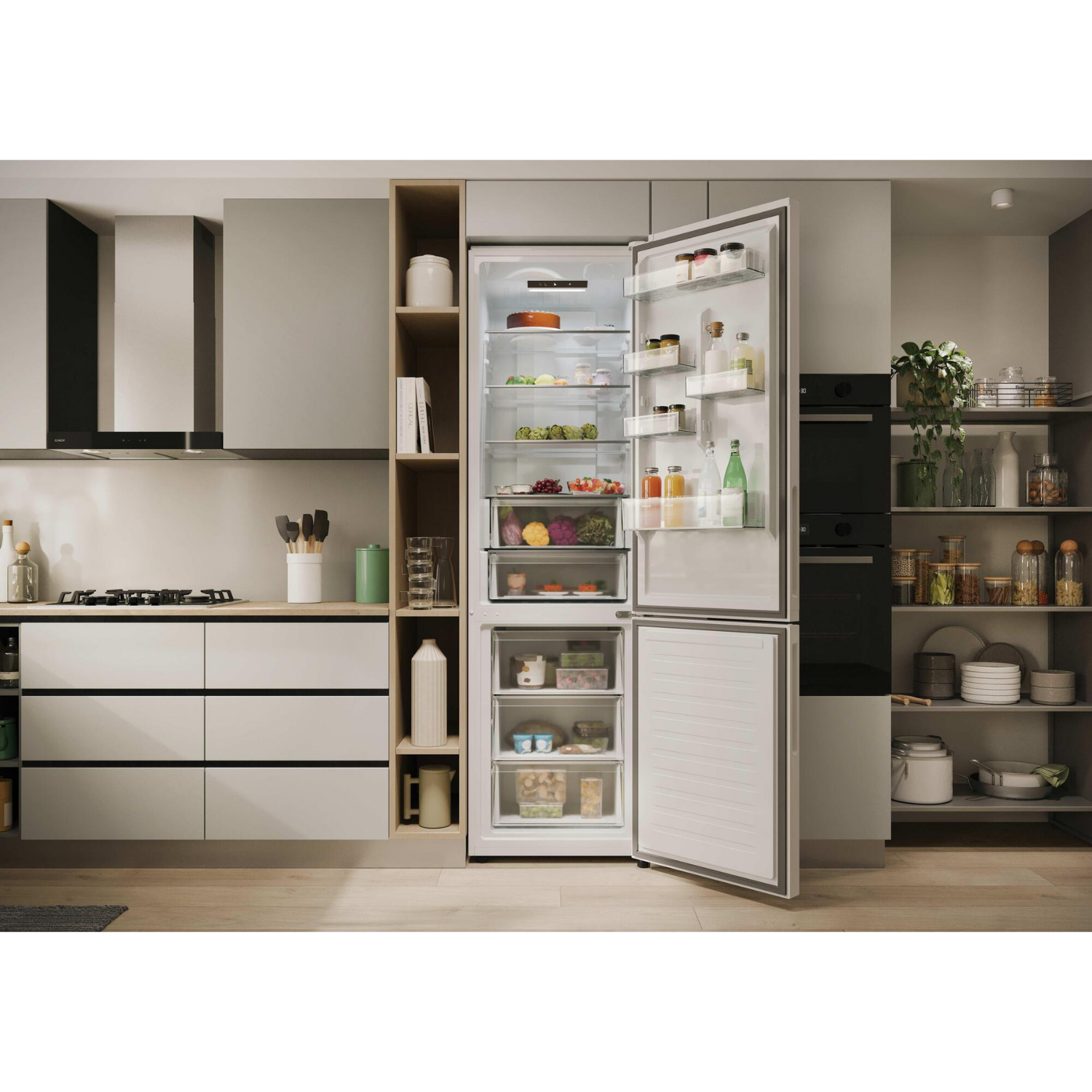 Un frigorífico-congelador abierto en una cocina moderna, lleno de alimentos.